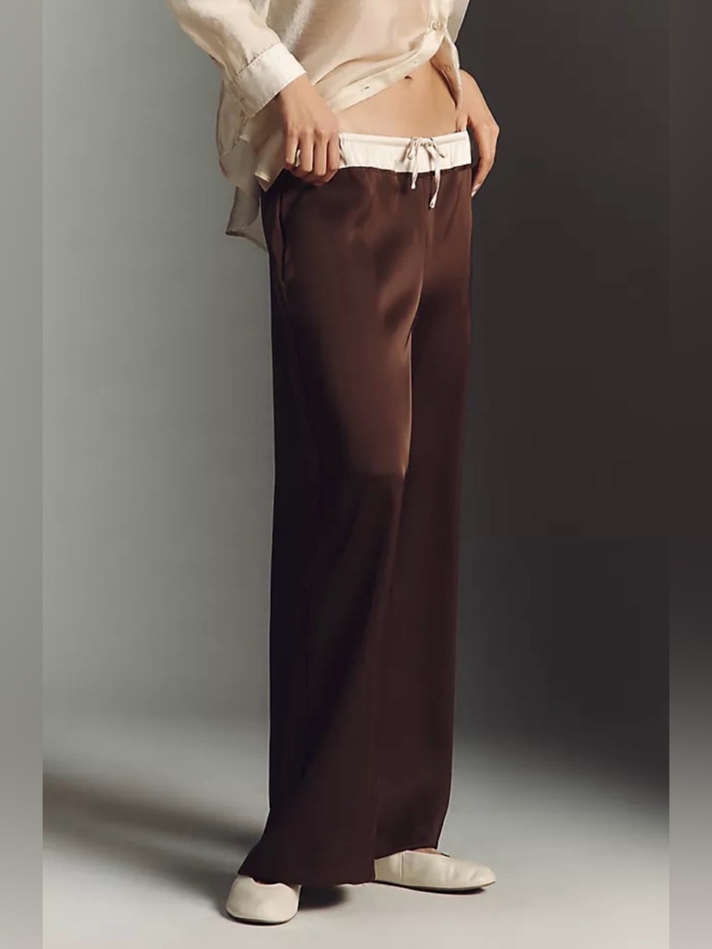 Whiteroom + Cactus Contrast Waist Satin Trousers Brown Size M NWT Anthropologie